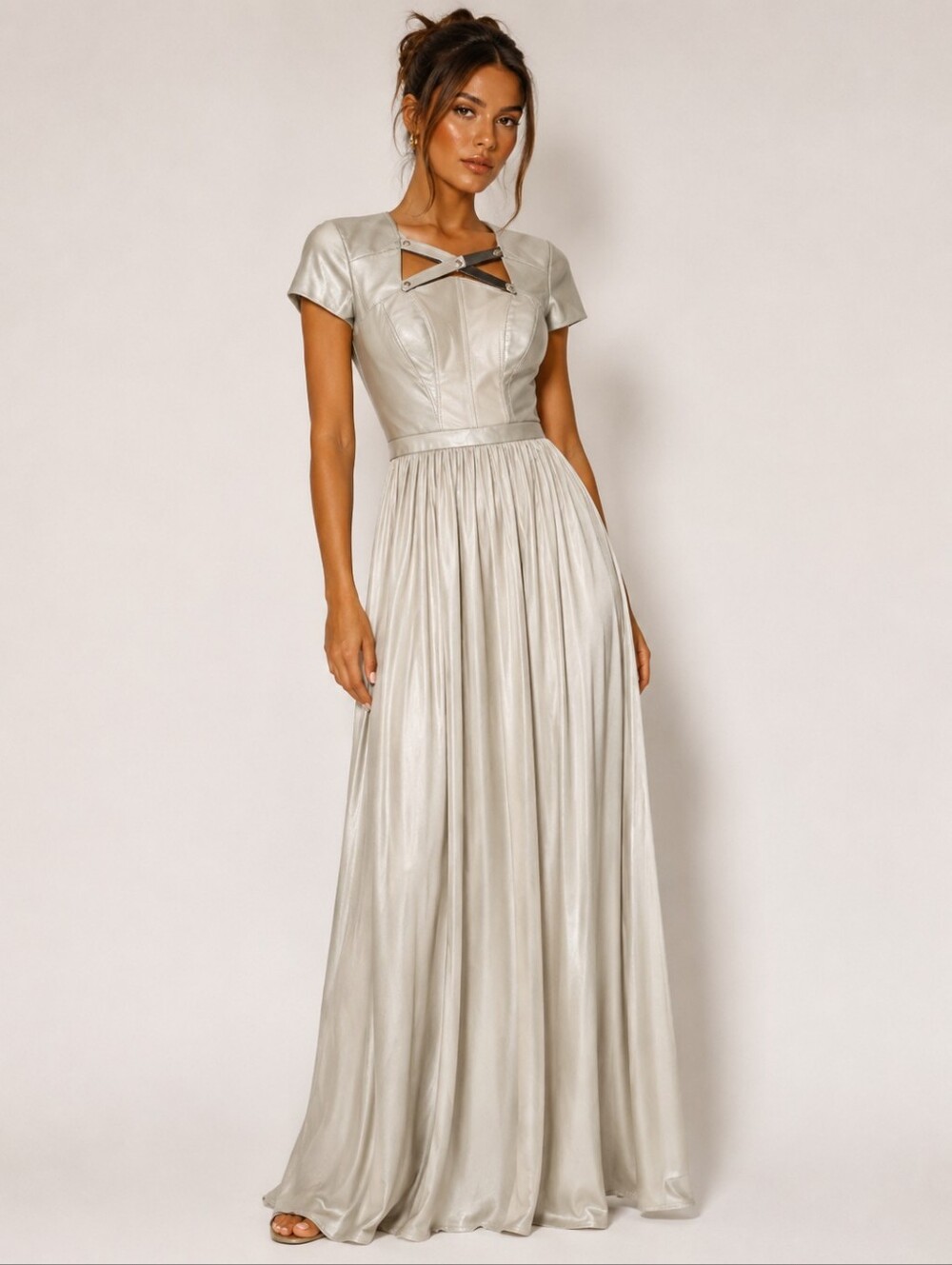 Catherine Deane Leather And Silk Short Sleeve Maxi Gown Dress Size 2